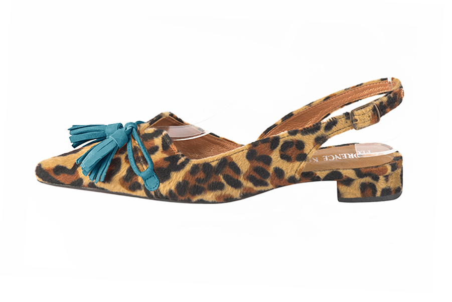 Safari black and peacock blue women's open back shoes, with a knot. Pointed toe. Flat flare heels. Profile view - Florence KOOIJMAN